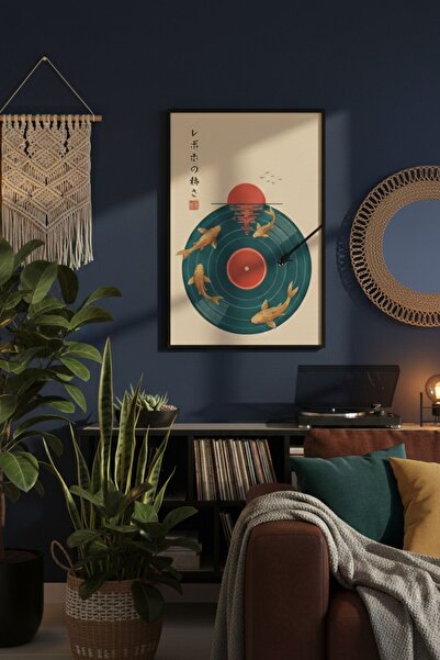 Bolvyra Japon Esintili Plak ve Koi Balığı Poster | Minimal Müzik Temalı Dekor...