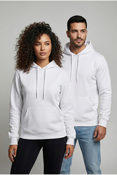 Unisex Beyaz Kapüşonlu Sweatshirt – Regular Fit, Kalın 3 İplik , Kanguru Cepli