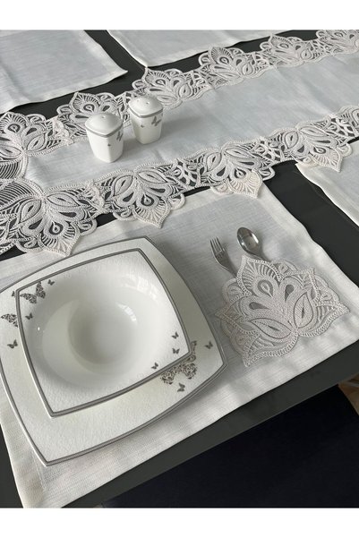 BRL ÇEYİZ HOME Linen Textured Luxury French Lace American Set/12 People-13 Pieces