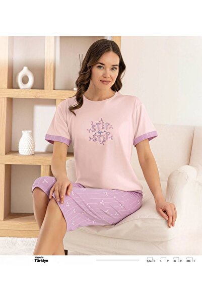 İpek Women's Short Sleeve Capri Crew Neck Floral Pattern Pajama Set