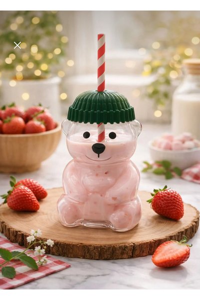 İthal Cam Cold Coffee Cup with Teddy Bear and Straw 500 ml Product (17×8.5 cm)