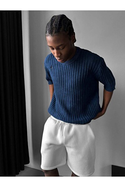 elkumoda Retro Oversize Eskitme Detaylı Fitilli Triko Tişört Vintage Yıkamalı...