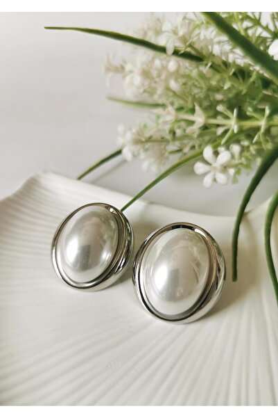 Halley Concept Pearl Detailed Oval Silver Color Earrings
