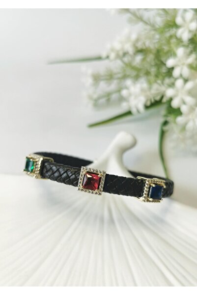 Halley Concept Brown Braided Leather Bracelet with Colorful Zircon Stones and...