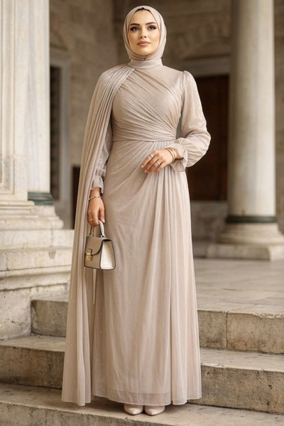N.S NEVA STYLE Stone Detailed Hijab Evening Dress with Cape Detail 4875Tas