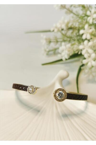 Halley Concept Zircon Stone Gold Steel Handcuff Bracelet Dark Brown