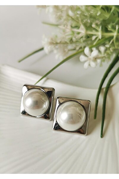 Halley Concept Pearl Detailed Square Form Silver Color Earrings