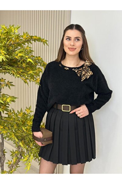 FRESCO SCARFS Women's Leopard Pattern Flar Detail Crew Neck Knitwear Sweater