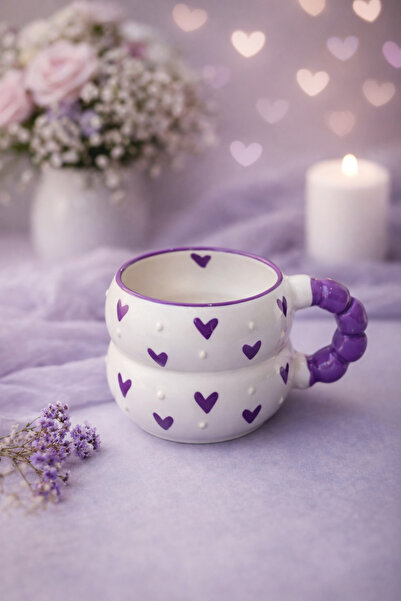 İZart Special Embossed, Completely Handmade Ceramic Mug with Purple Dotted He...