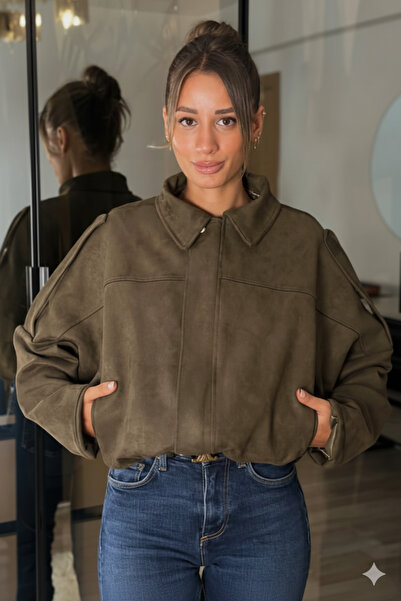 Orions Collection New Season Women's Suede Textured Khaki Color Oversized Cro...