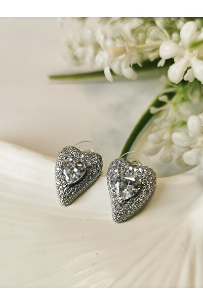 Halley Concept Sparkling Silver Color Heart Earrings with Full Zircon Stones