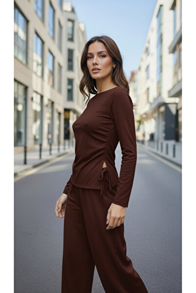 Moda Banuş Brown Modal Fabric Wide Leg Sweatpants Set with Side Slits