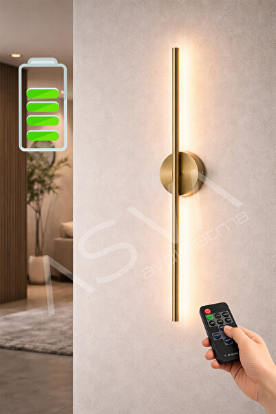 asva aydınlatma Eskitme Gold Şarjlı LED Aplik 68 cm Kumandalı Duvar Apliği Ay...