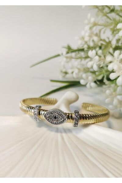 Halley Concept Gold Steel Handcuff Bracelet with Zircon Stone and Evil Eye Fi...