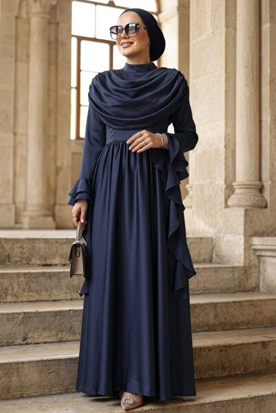 N.S NEVA STYLE Satin Navy Blue Hijab Evening Dress 55461L