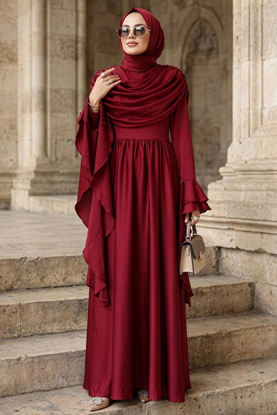 N.S NEVA STYLE Satin Burgundy Hijab Evening Dress 55461Br