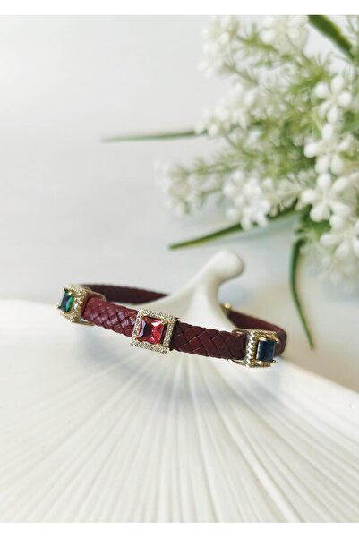 Halley Concept Burgundy Braided Leather Bracelet with Colorful Zircon Stones ...