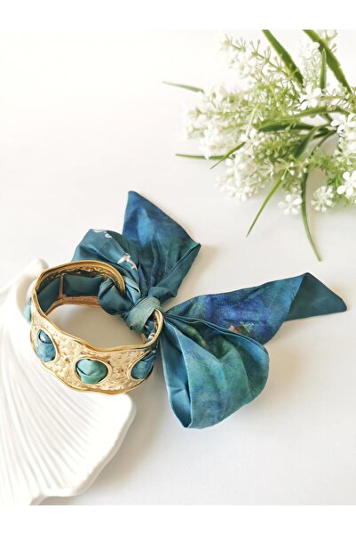 Halley Concept Turkuaz Fular Detaylı Paslanmaz Çelik Gold Kelepçe Bileklik