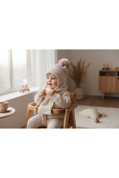 N@zence Bebek Örgü Bere Atkı Seti Polar Astarlı Pembe 12-24 Ay 1-2 Yaş