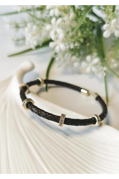 Halley Concept Zircon stone detailed gold knitted leather bracelet brown