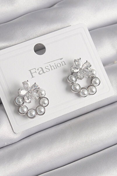 Skygo Brass Silver Color Pearl Ring Model Zircon Stone Flower Detail Women's ...