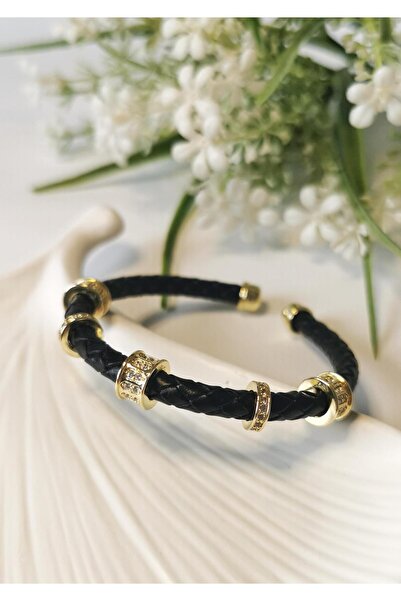 Halley Concept Black Braided Leather Bracelet with Zircon Stone Detail