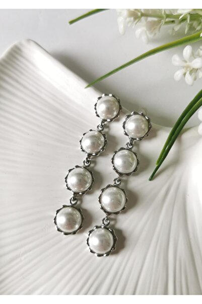 Halley Concept Pearl Detailed Long Dangle Silver Color Earrings