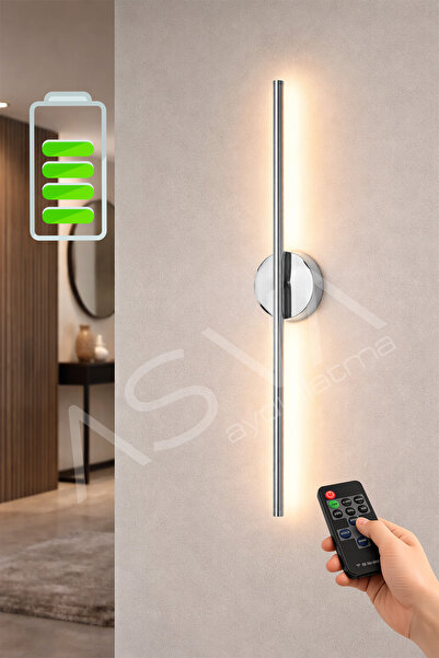 asva aydınlatma Krom Şarjlı LED Aplik 68 cm Kumandalı Duvar Apliği Ayarlanabi...
