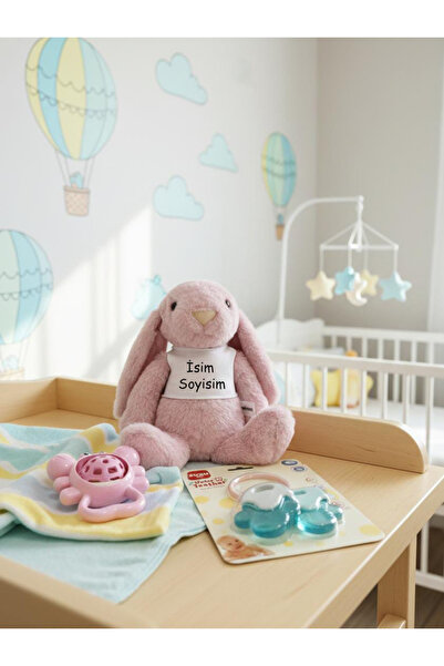 Toyaso Kişiye Özel Uyku Arkadaşım Pembe Tavşan Peluş & 2li Diş Kaşıyıcı & Çın...