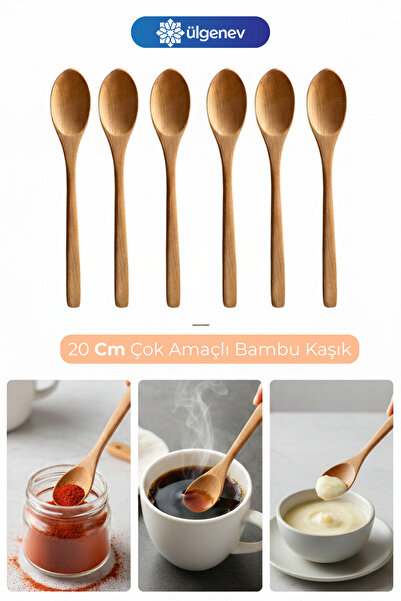 Ülgenev 6 Adet Çok Amaçlı Doğal Bambu Karıştırma ve Ölçü Kaşığı - Latte,Kahve...
