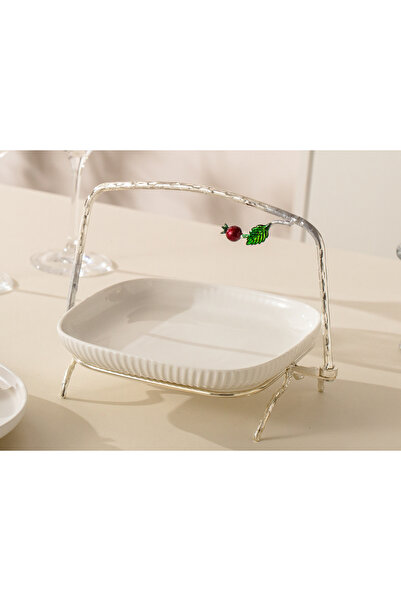 Malooki Platou Servire din porțelan alb cu Suport Metalic argintiu - 25 cm