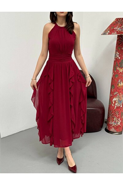 asyadabutik Women's Halter Neckline Waist-Slit Lined Midi Length Chiffon Dress