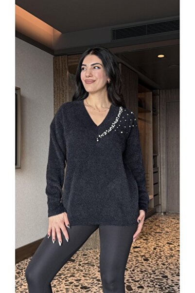 FRESCO SCARFS Women's V-Neck Long Sleeve Pearl Detail Knitwear Blouse