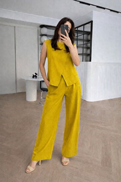 FRESCO SCARFS Women's Linen Fabric Asymmetrical Cut Blouse and Loose Trousers...