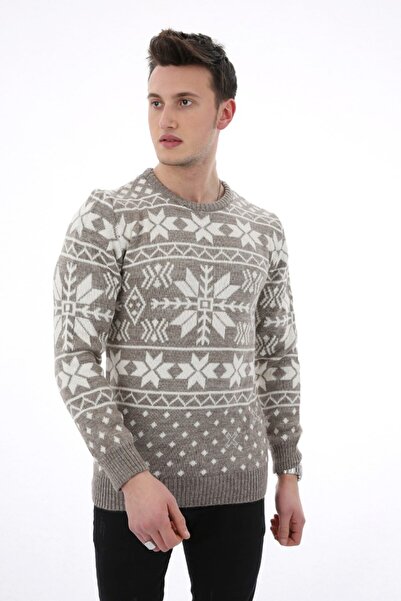 DGSTYL3 Dotted Patterned Brown Thick Winter Casual Knitwear Sweater