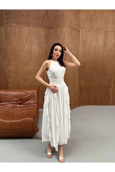 asyadabutik Γυναικείο φόρεμα σιφόν με λαιμόκοψη halter, εφαρμοστό στη μέση, μ...