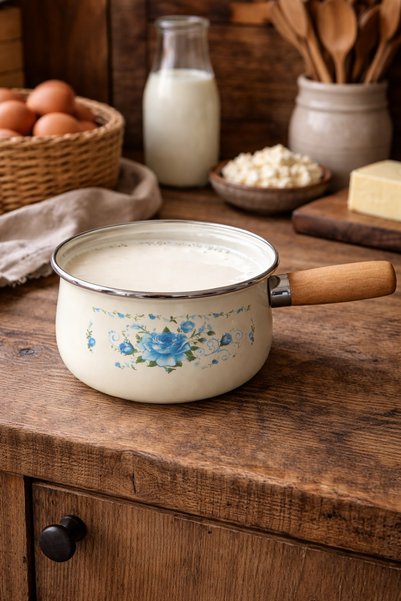 CookaHome 16 cm Enamel Sauce Bowl & Milk Pot – Wooden Handle, Patterned