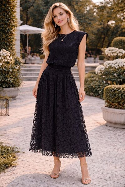 Ahzem Collection Beli Drapeli Dantel Midi Boy Elbise