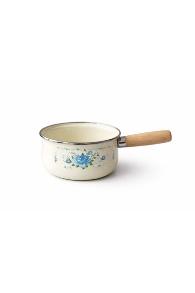 CookaHome 16 cm Enamel Sauce Bowl & Milk Pot – Wooden Handle, Patterned