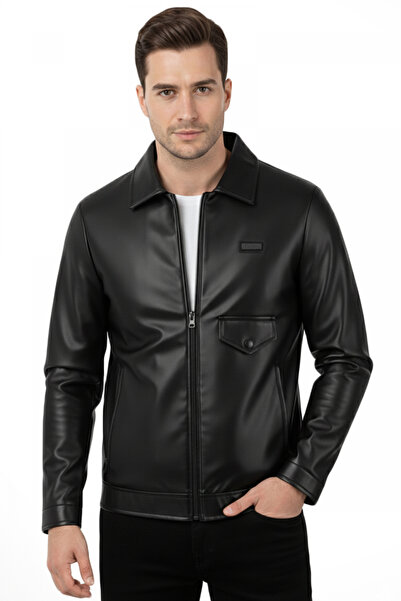 DeepSEA Ανδρικό μπουφάν από συνθετικό δέρμα με μαύρο γιακά και κλείσιμο με φε...