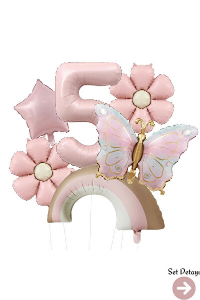 Bunloon 5 Yaş Retro Pembe Papatya Gökkuşağı Kelebek Temalı Balon Set
