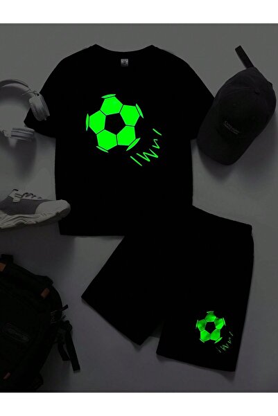 Kids Set de tricou și pantaloni scurți negri pentru băieți, cu imprimeu verde...