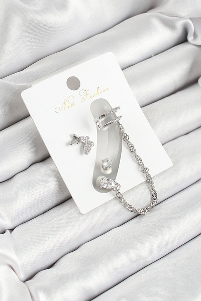 Skygo طقم أقراط نسائية من حجر الزركون على شكل فراشة من النحاس باللون الفضي مك...