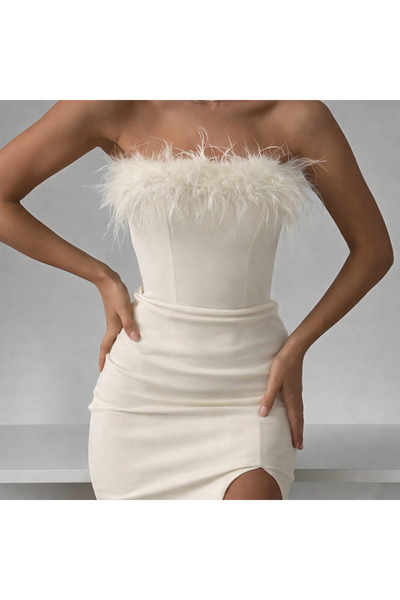 Estilo Fashion KADIN YAKA KÜRK DETAY MİNİ LİKRALI ELBİSE