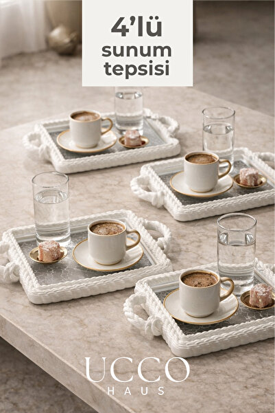 UCCO 4’lü Sunum Tepsisi - Dikdörtgen Türk Kahvesi Sunumluk Modern ve Şık Serv...