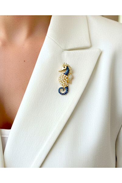 modamira İnci Detaylı Denizatı Broş - Lacivert - 5 cm