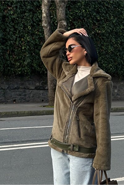 MEECY New Season Women's Zr Leather Suede Beige Coat with Belt Detail