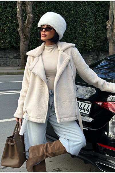 MEECY New Season Women's Zr Leather Suede Beige Coat with Belt Detail