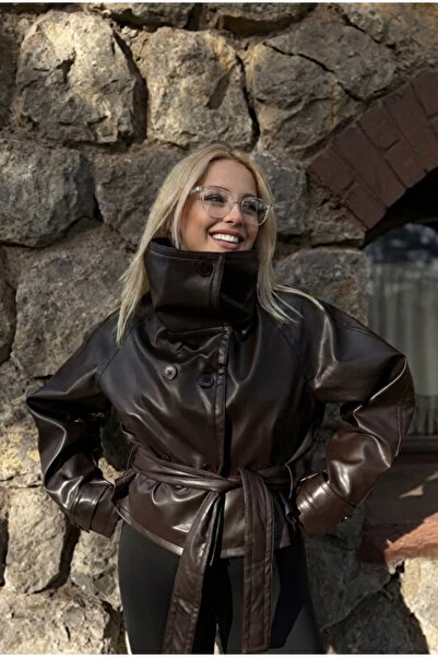 MEECY New Season Burgundy Double-Breasted Buttoned Leather Jacket