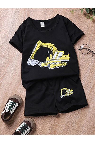 Kids Set de tricou și pantaloni scurți negri pentru băieți, cu imprimeu galben